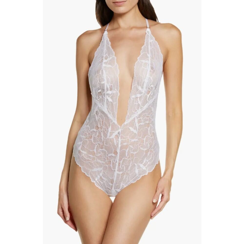 SUZY BLACK Coco Lingerie Bodysuit XL White Lace Plunge V-Neck Adjust T-Back NWOT